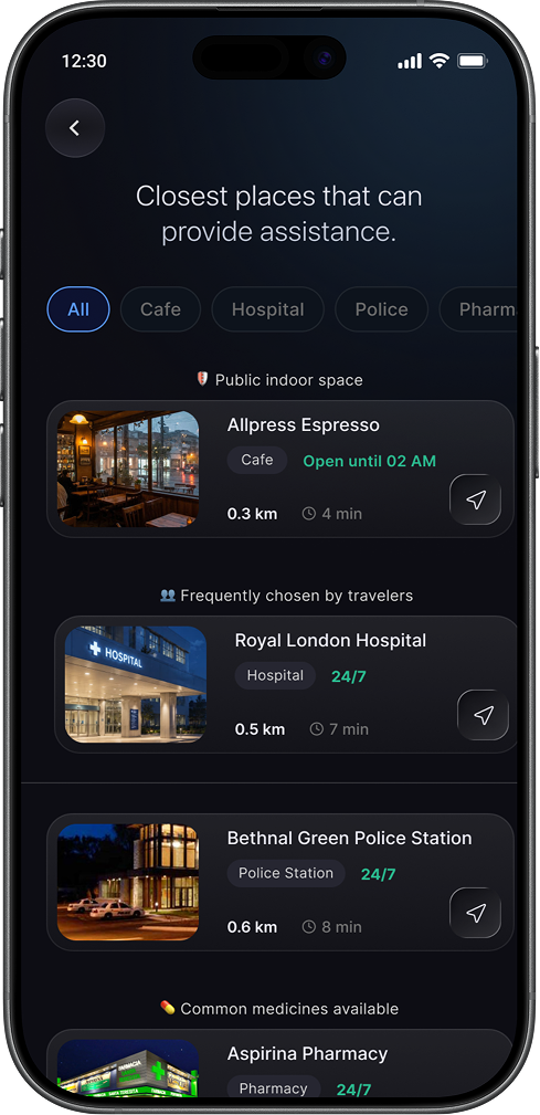 Aira screen showing closest assistance locations