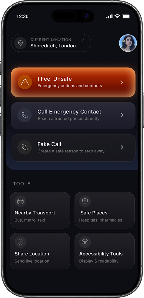 Aira screen with emergency contact and safety tools