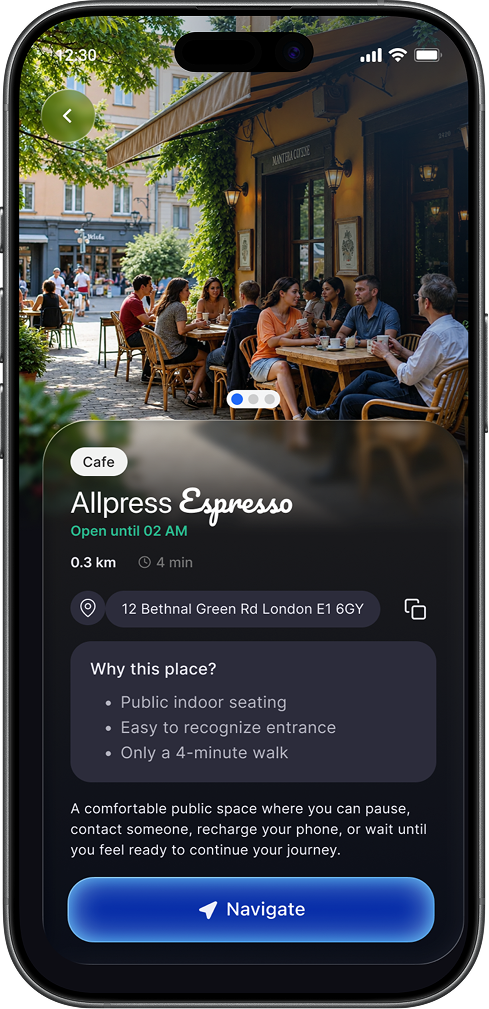Aira screen detailing venue safety and navigation